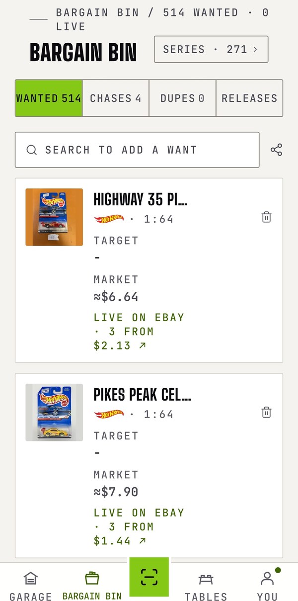 The wishlist, with market prices and live listings